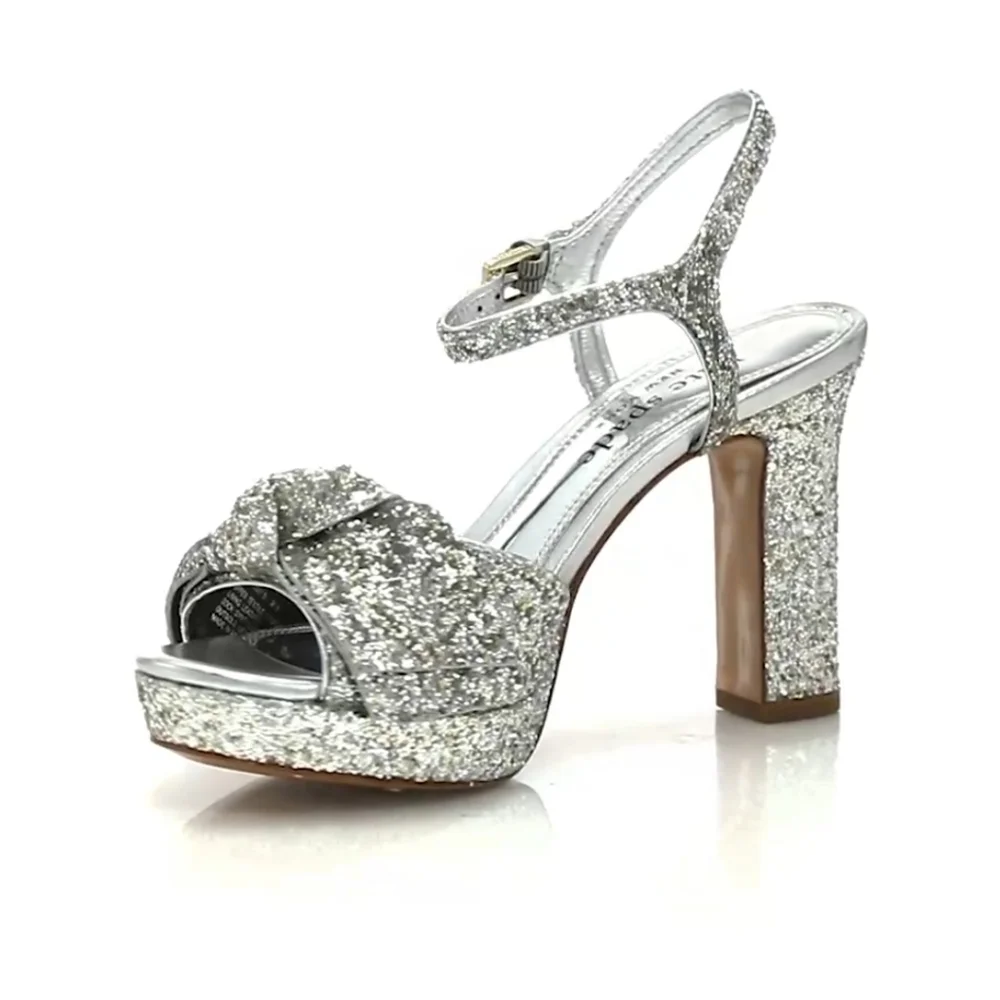 Kate Spade Miya Silver Glitter Bow Ankle Wrap Open Toe Platform Sandal Heel 7.5